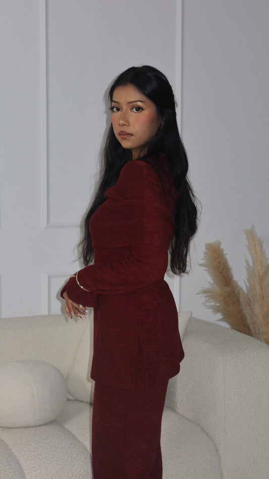 Leya Off Shoulder Top and Trouser Co-Ord Set - Wine