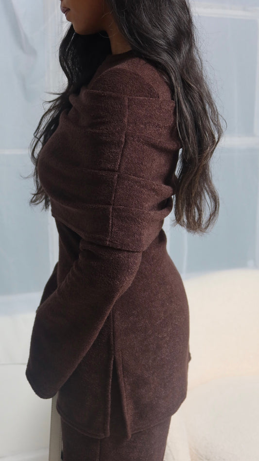 Leya Off Shoulder Top and Trouser Co-Ord Set - Chocolate