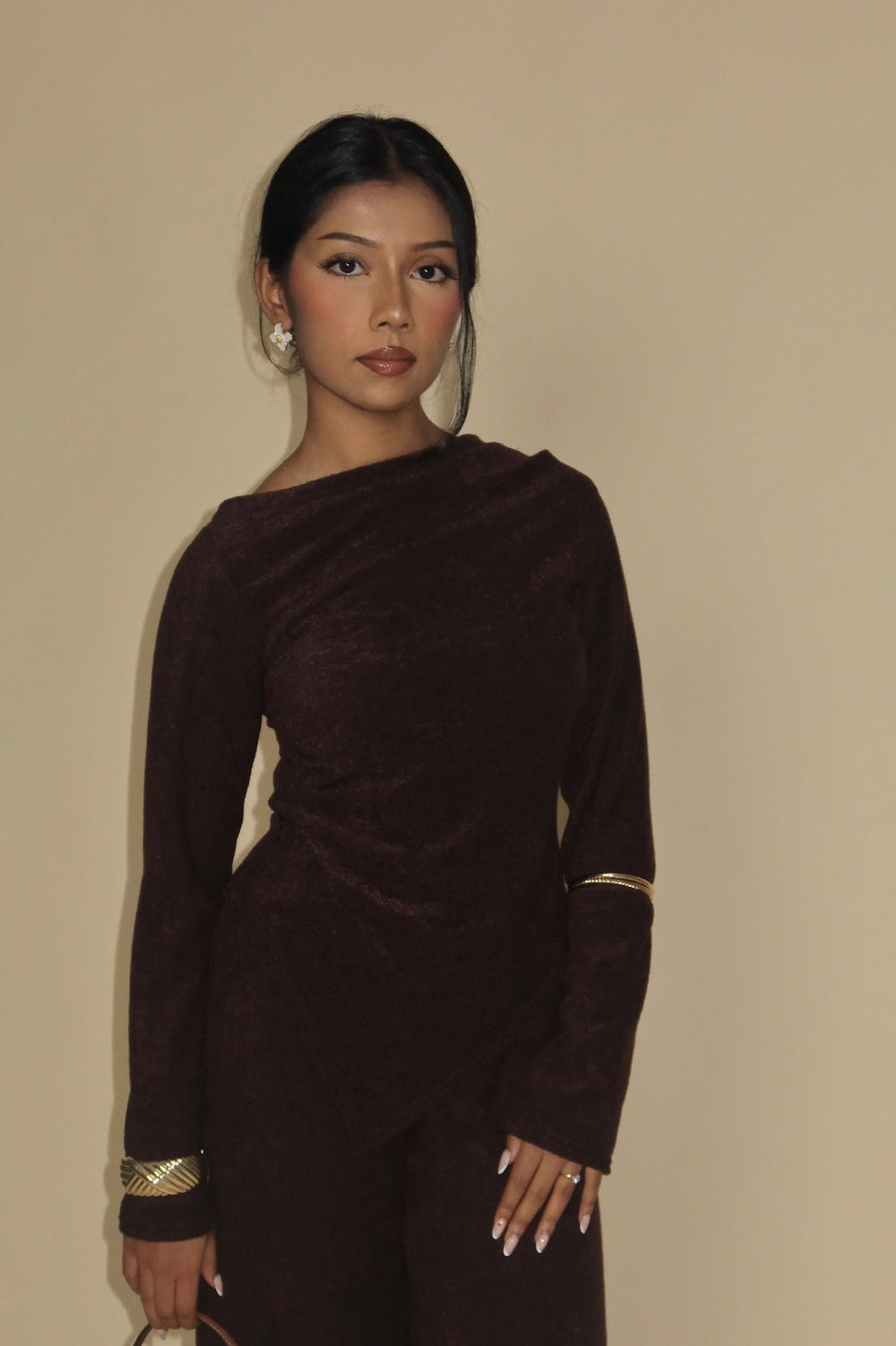 Sana Asymmetrical Top and Trouser Co-ord Set - Chocolate