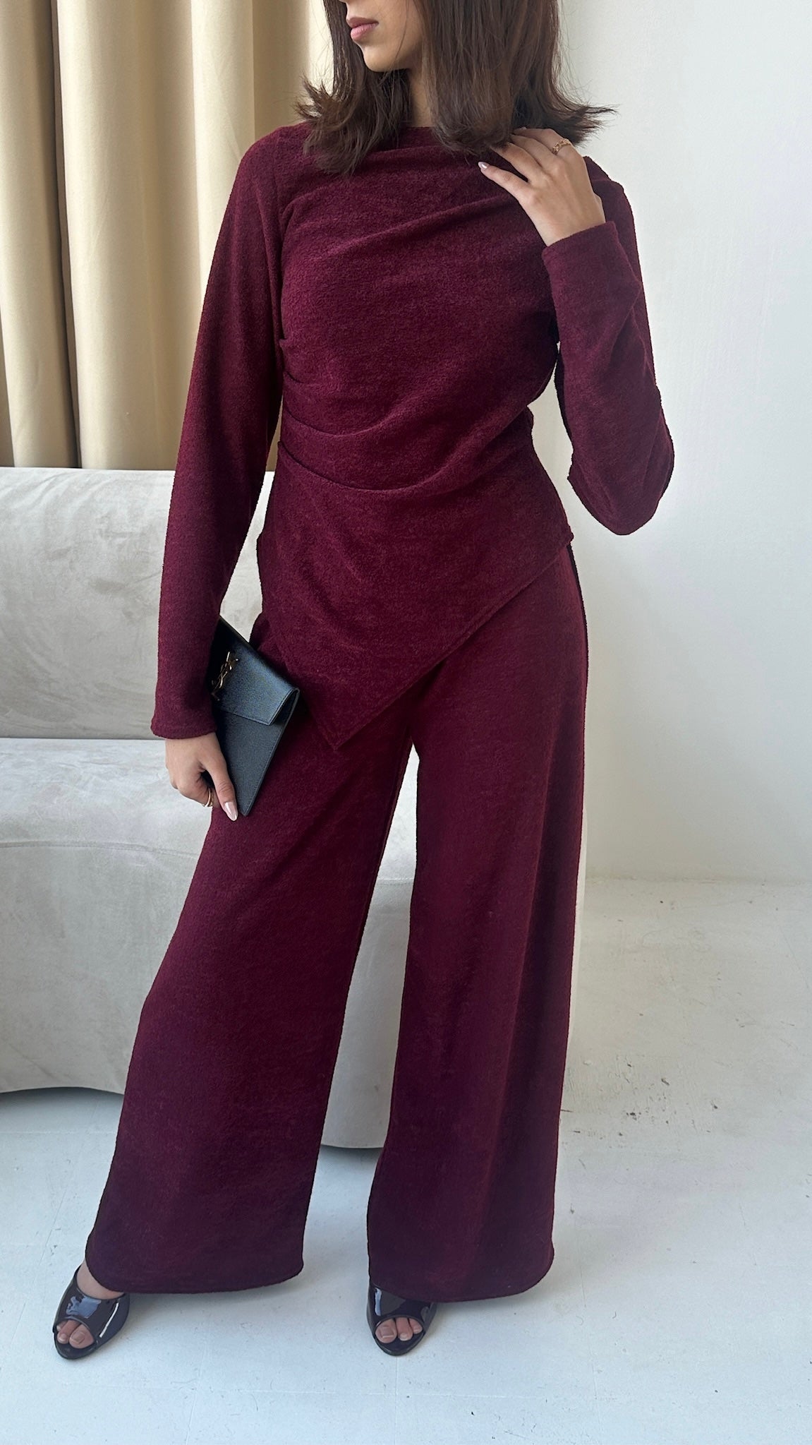 Sana Asymmetrical Top and Trouser Co-ord Set - Wine