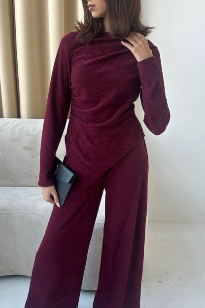 Sana Asymmetrical Top and Trouser Co-ord Set - Wine