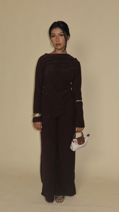 Sana Asymmetrical Top and Trouser Co-ord Set - Chocolate