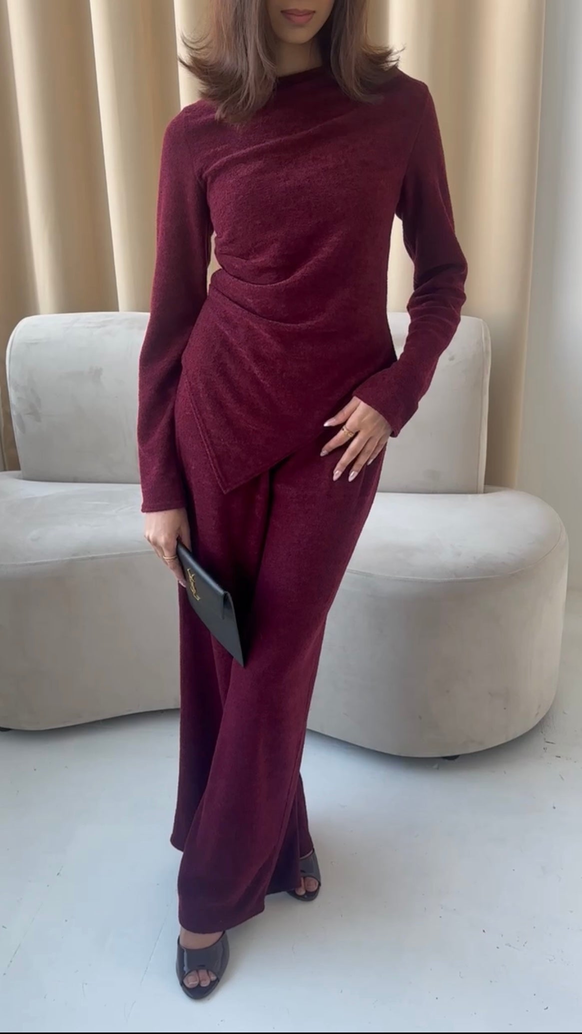 Sana Asymmetrical Top and Trouser Co-ord Set - Wine